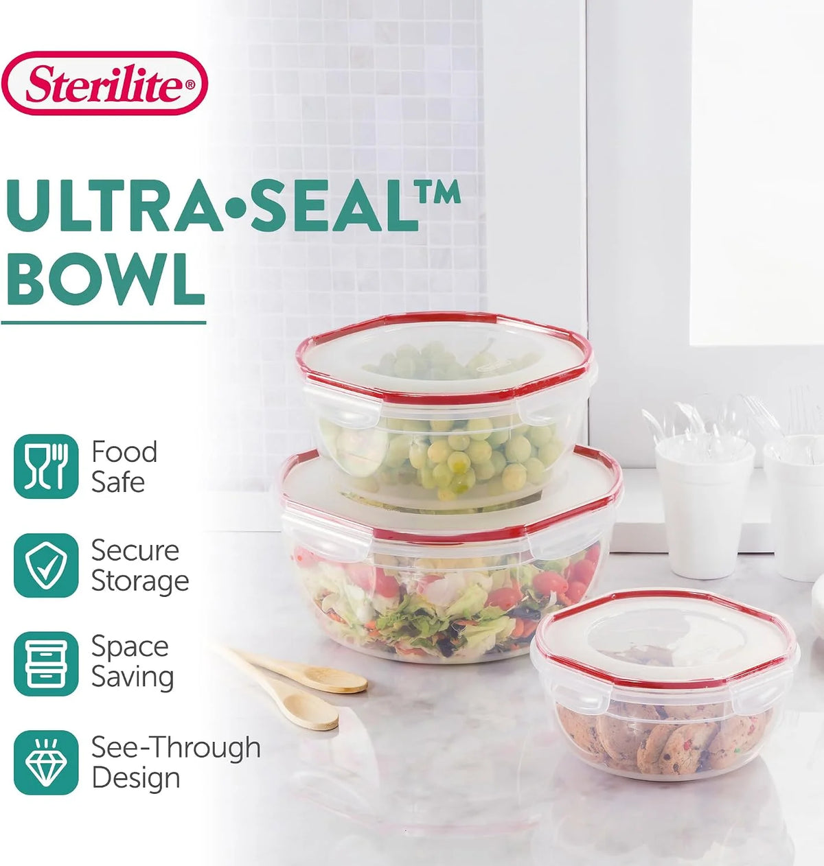 Sterilite Ultra-Seal Bowl, Large Airtight Food Storage, 4.7 Qt, 12-Pack