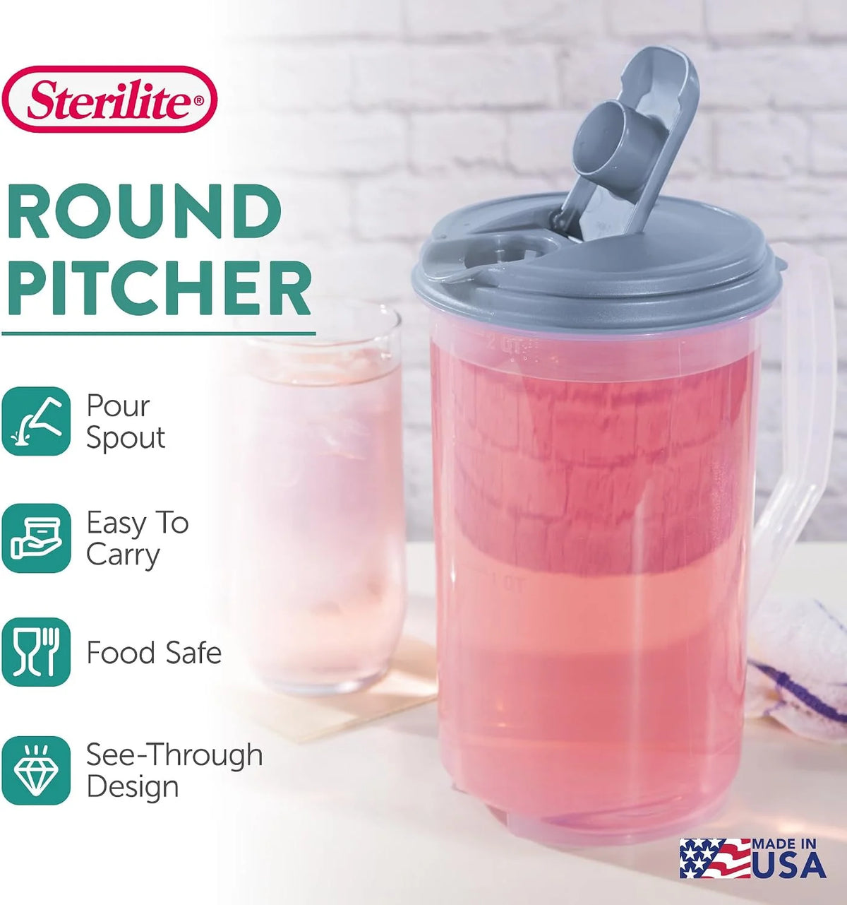 Sterilite 2 Quart Clear Round Plastic Pitcher, Dishwasher Proof with Blue Lid, Spout, and Handle for Easy Pouring, Washed Blue, 12-Pack