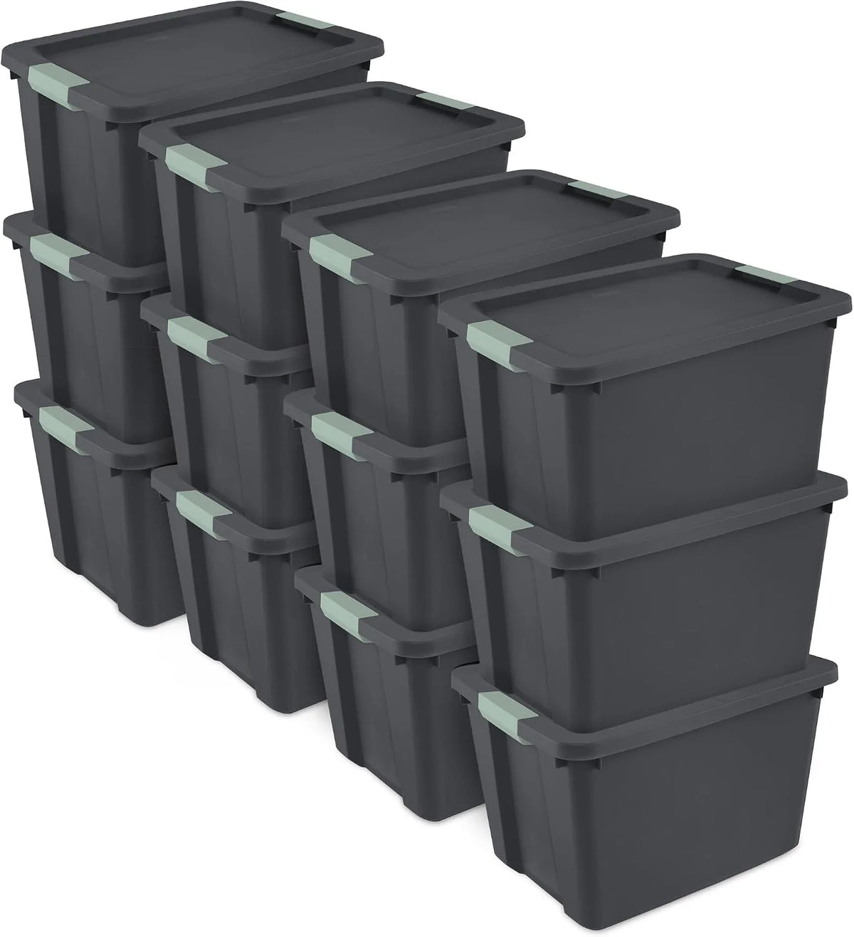 Sterilite 12 Pack 20 Gallon Latch Tote, Stackable Plastic Storage Bin Container, Gray/Green
